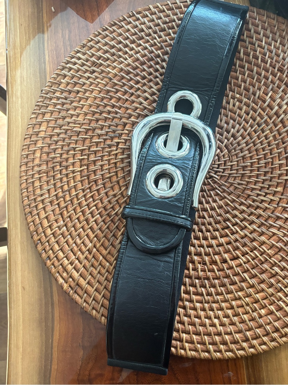 Suzi Roher Black patten Wide Leather Belt with Silver Loop Buckle
